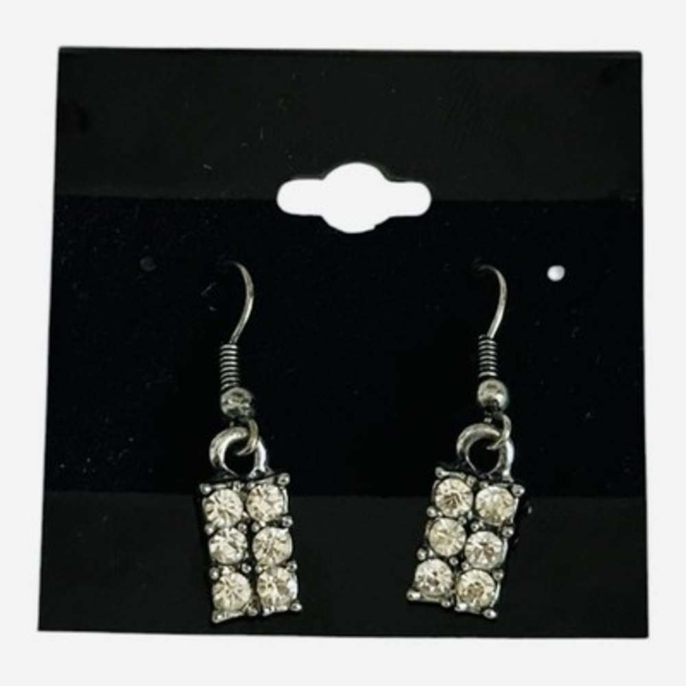 Vintage Silver Tone Clear Rhinestone Rectangle Dangle Drop Earrings 1.5" VG - Picture 3 of 4